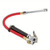 A handheld tire pressure gauge with a red and black dual chuck inflator hose and metal fittings.