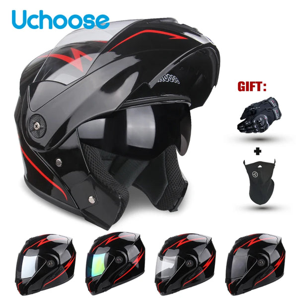 Black Uchoose DOT certified double lens flip-up motorcycle helmet with a gift mask