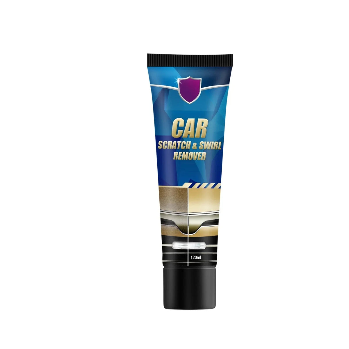 A tube of Car Scratch & Swirl Remover polish with a purple shield logo and black and gold accents.