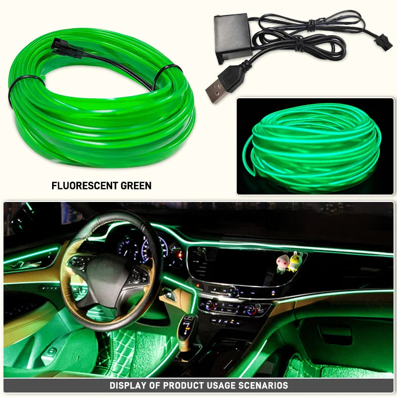 Flexible fluorescent green LED wiring strip used for car interior ambient lighting display