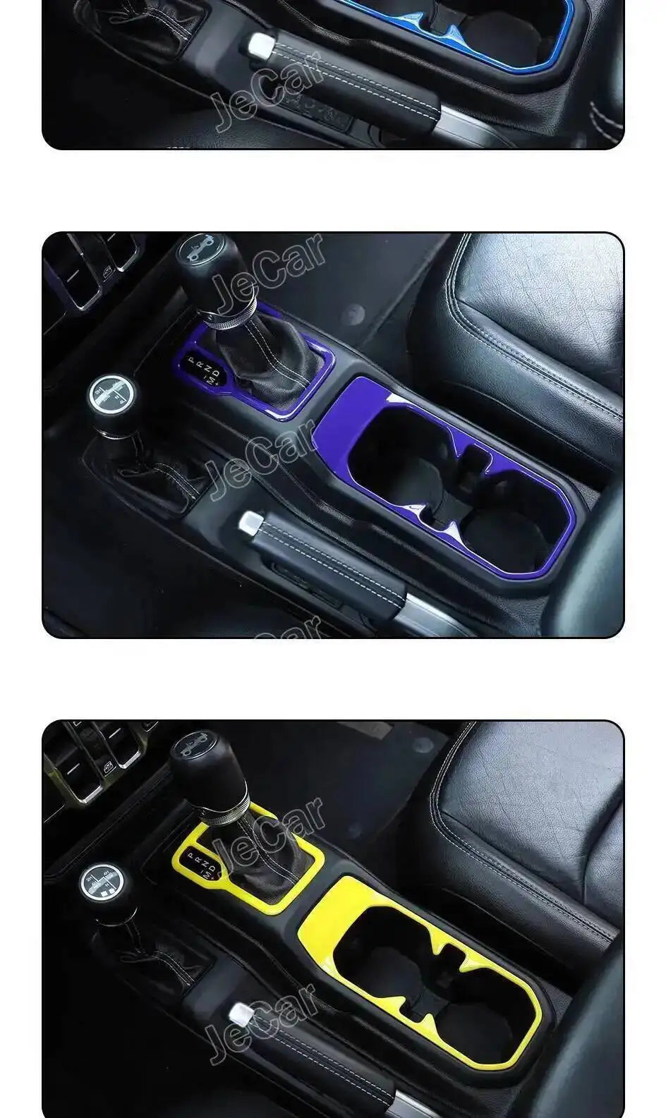 Black and purple shift panel trim stickers for a Jeep or Gladiator interior