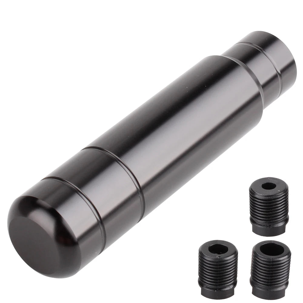 A black aluminum gear shift knob with universal fit, shown in a profile view.