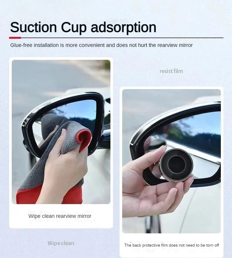 A suction cup adhesive film is shown being used to clean a car's rearview mirror.