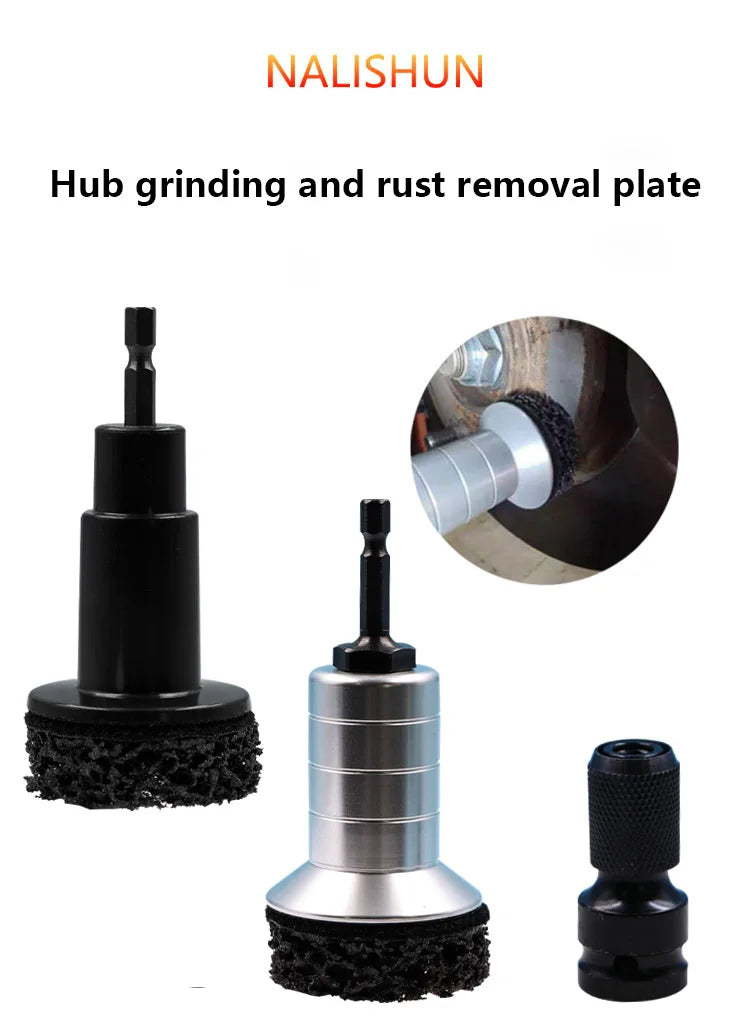 A set of hub grinding and rust removal plates including a black abrasive pad and a silver metal plate.