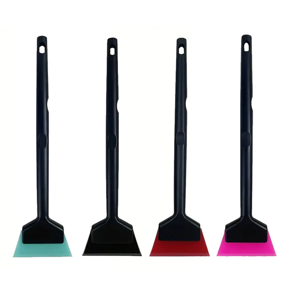 A set of four black car window film installation tools with green and red rubber blades.