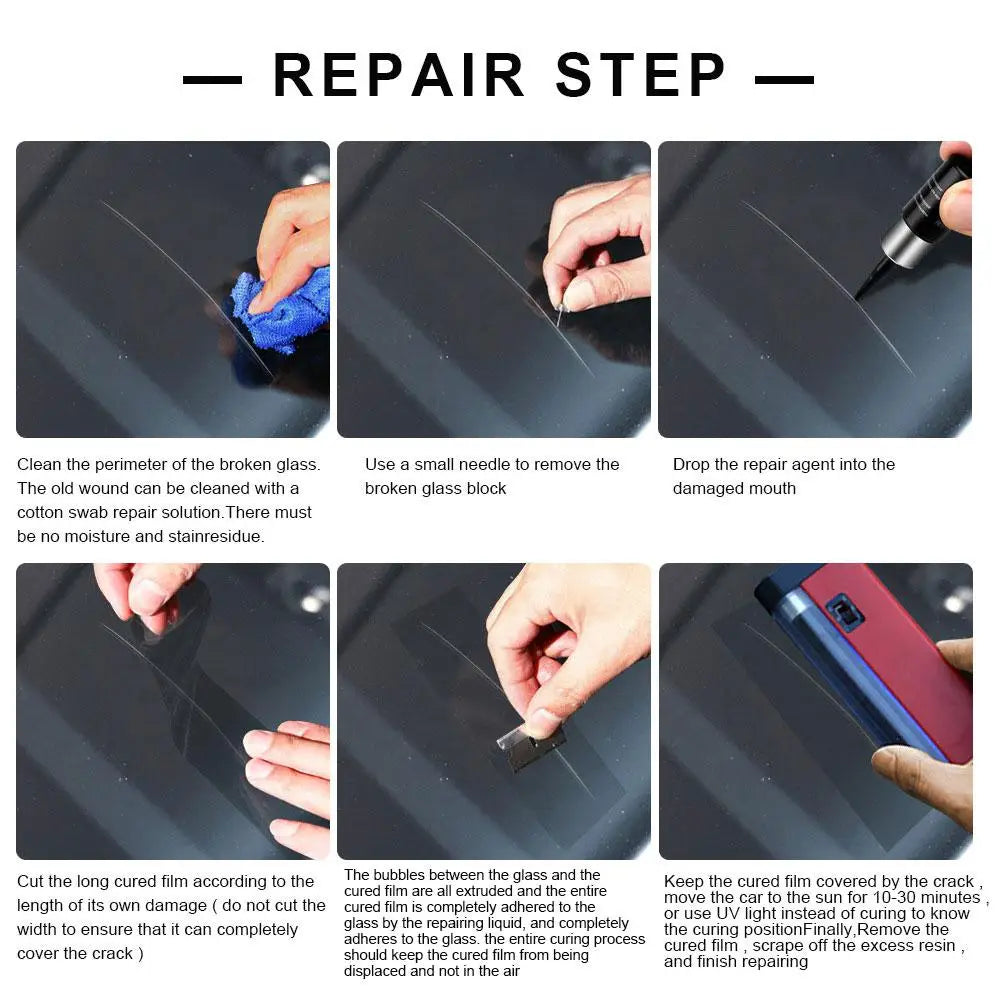 A step-by-step guide showing how to repair a broken car windshield glass using a kit.