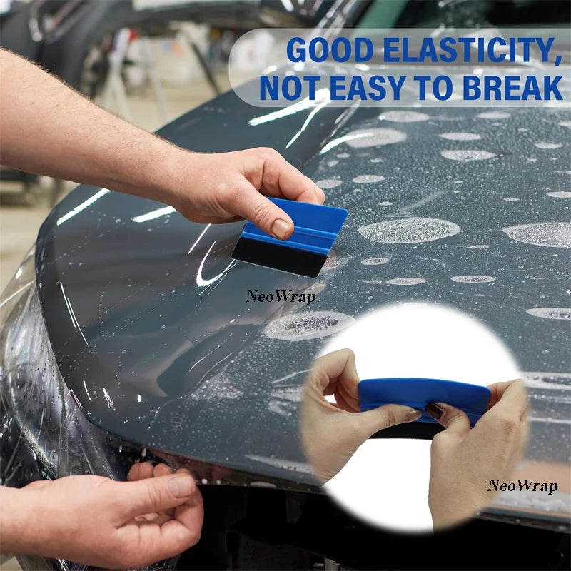 Hands demonstrate a blue NeoWrap tool applying a protective film to a car's surface.