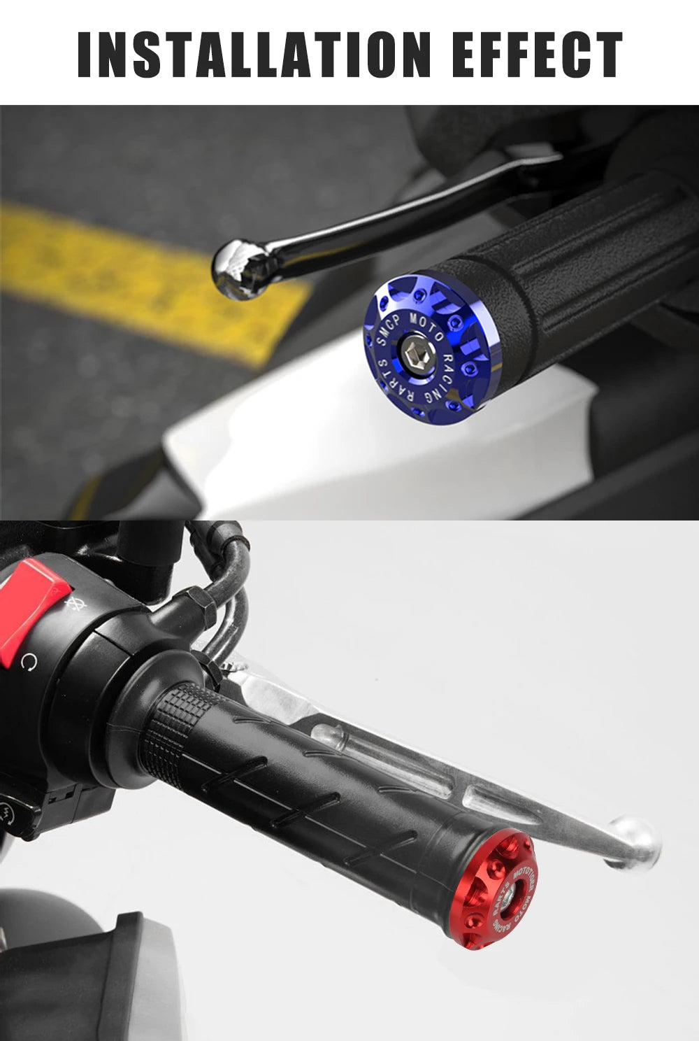 Close-up of a motorcycle handle bar plug grip installation effect showing a blue and silver component on a black handlebar.