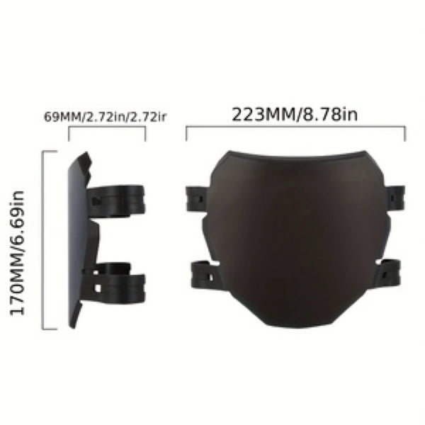 A black universal wind deflector cover for off-road motorcycles shown with dimensions.