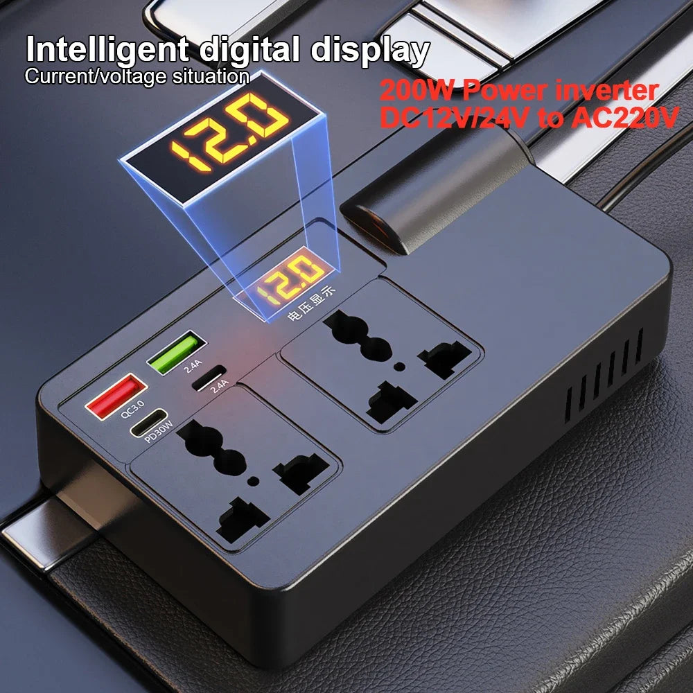 A black power inverter device with a digital display showing 12.0 and multiple DC output ports.