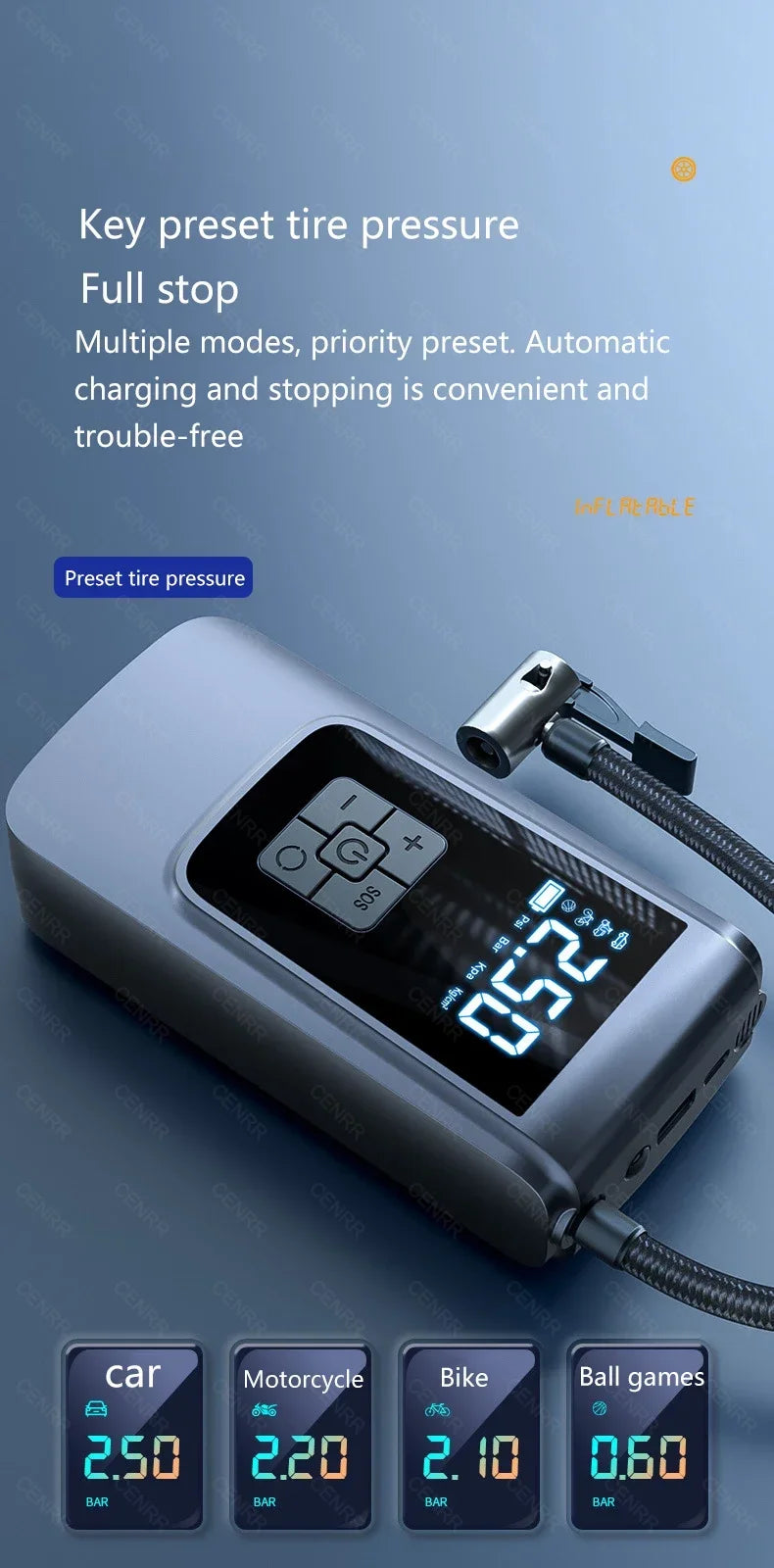 جهاز نفخ إطارات كهربائي محمول بشاشة رقمية تعرض 0.52 رطل لكل بوصة مربعة، بجانب أدوات نفخ مختلفة.