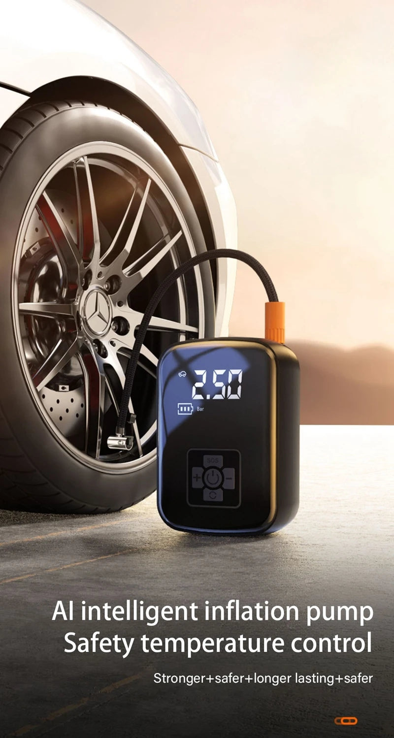 Inflador eléctrico portátil negro con botón naranja junto a una rueda de coche.