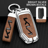 A silver key case with a brown buckle and leather strap is shown against a black background.