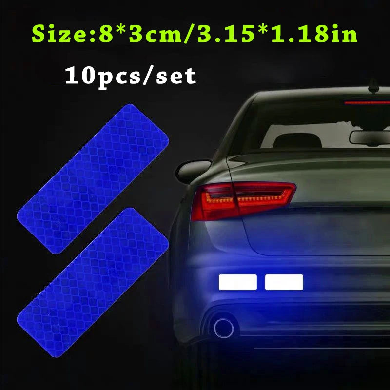 Ten reflective blue safety strips for vehicles shown next to a car body panel.