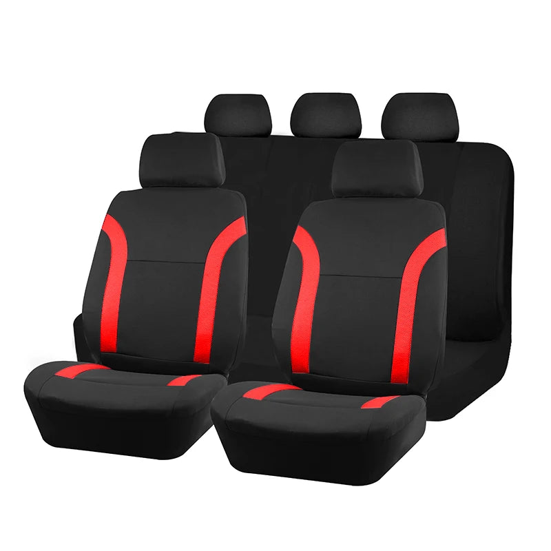 Ein Set schwarze universelle Autositzebezüge in einer Reihe.