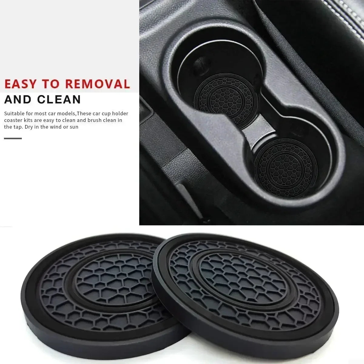 A set of two black silicone car cup holder coasters shown next to a car interior component.