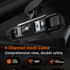 A black 4-channel dash cam device with various features like WiFi, loop recording, and G sensor is shown on a car interior.
