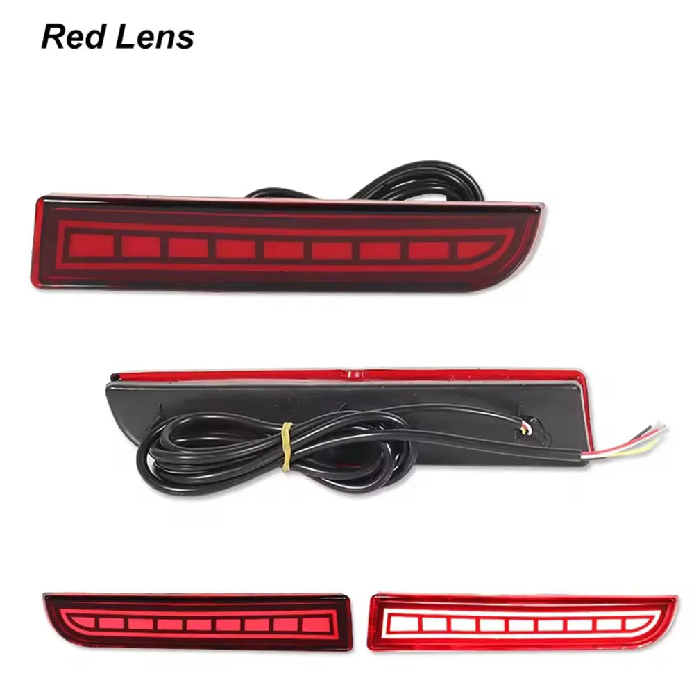 Red lens LED rear bumper reflector lights with sequential turn signal for Mitsubishi Lancer, Evolution X, and Outlander.