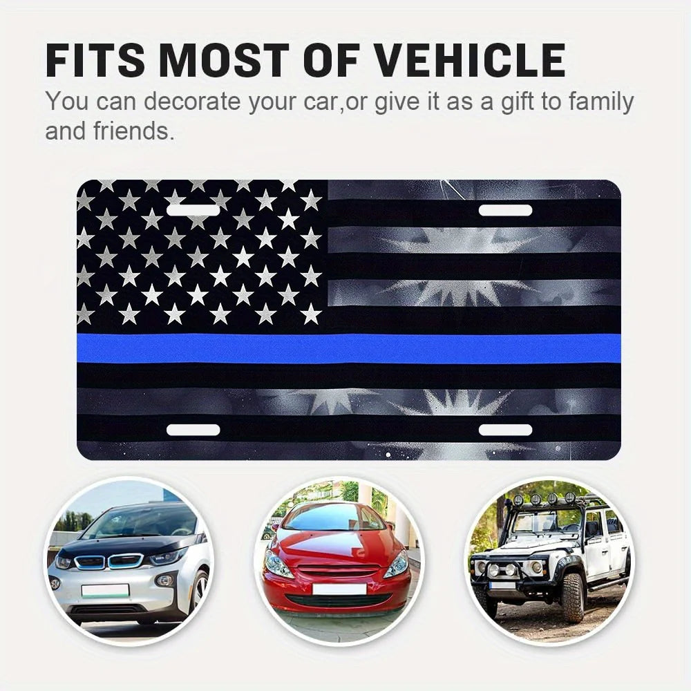 A black and white American flag design on a rectangular aluminum sign for vehicle decoration or gifts.