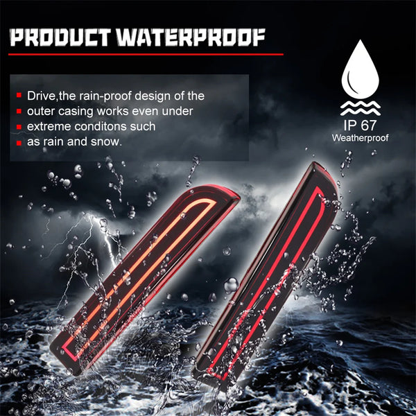 LED rear bumper reflector lights with sequential turn signal mounted on a vehicle, shown being washed by water.