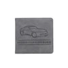 A gray leather document and ID holder featuring a silhouette of a car and the text Registration & Insurance.