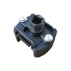 A black adjustable oil filter wrench with serrated jaws and a threaded shaft is shown against a white background.