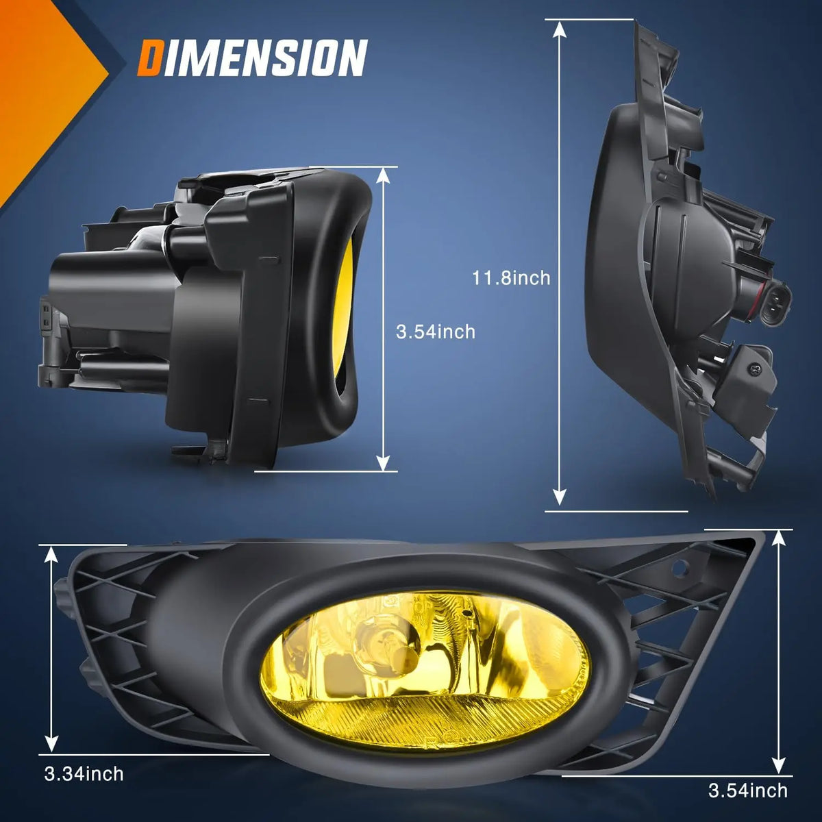 A black Honda Civic sedan fog light assembly with an amber lens shown in various dimensions.
