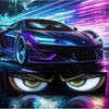 A dark purple sports car is featured against a vibrant, neon-lit city background with a glowing pixel panel light in the fore