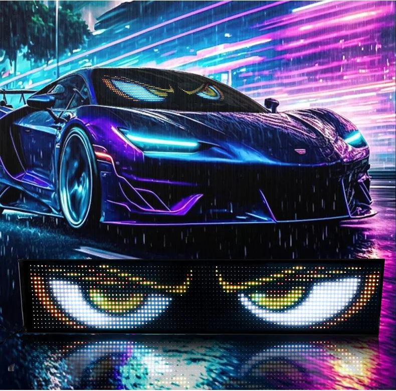 A dark purple sports car is featured against a vibrant, neon-lit city background with a glowing pixel panel light in the fore