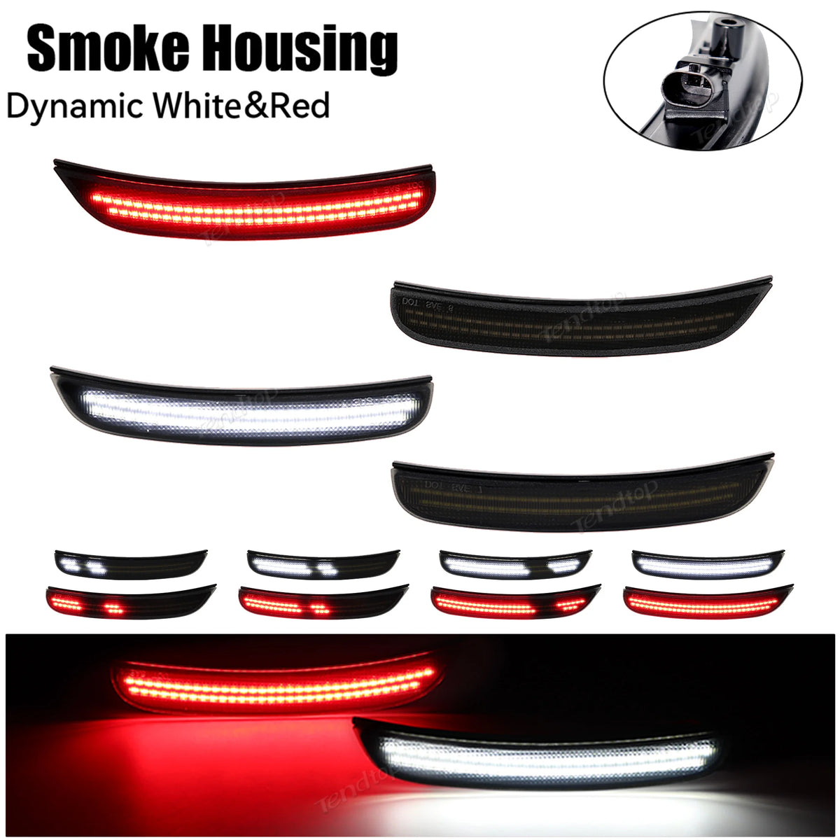 Various LED side marker lights in white and red colors shown in different configurations.