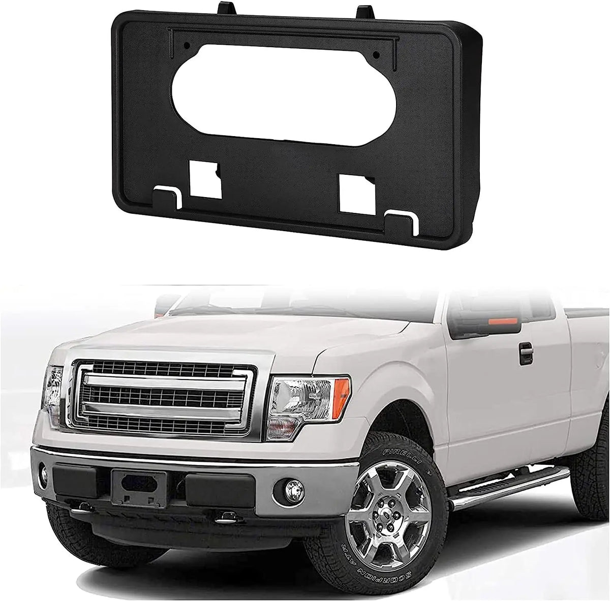 Black heavy duty front bumper guard and license plate kit for a white Ford F150 truck