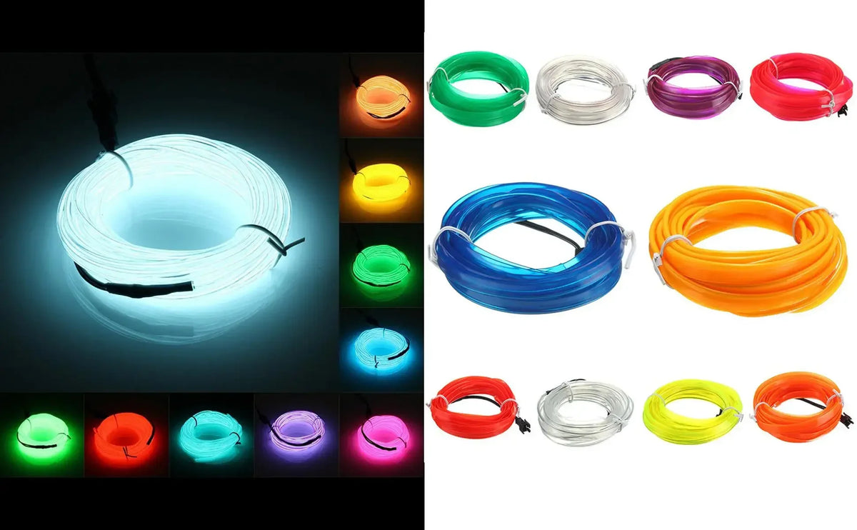 Collection de rubans LED néon flexibles de diverses couleurs : vert, argent, violet, rouge, bleu, orange, jaune.
