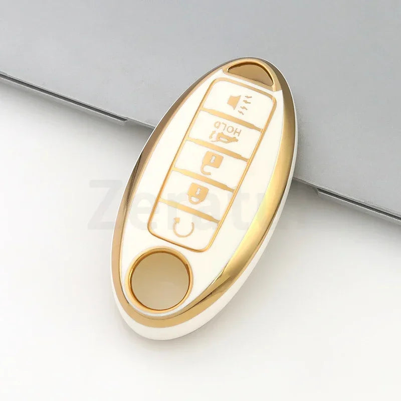 Gold-weißes Multifunktions-Auto-Schlüsseletui mit Knopf und runder Schlüsselhalter.