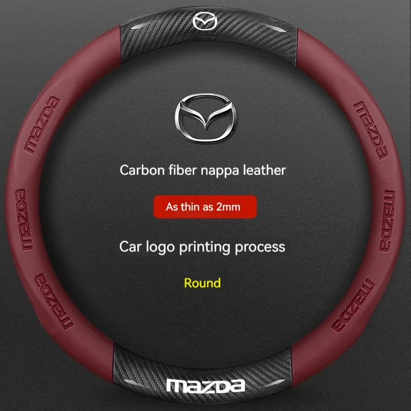 Couvre-volant en cuir de fibre de carbone marron et rond pour une Mazda.