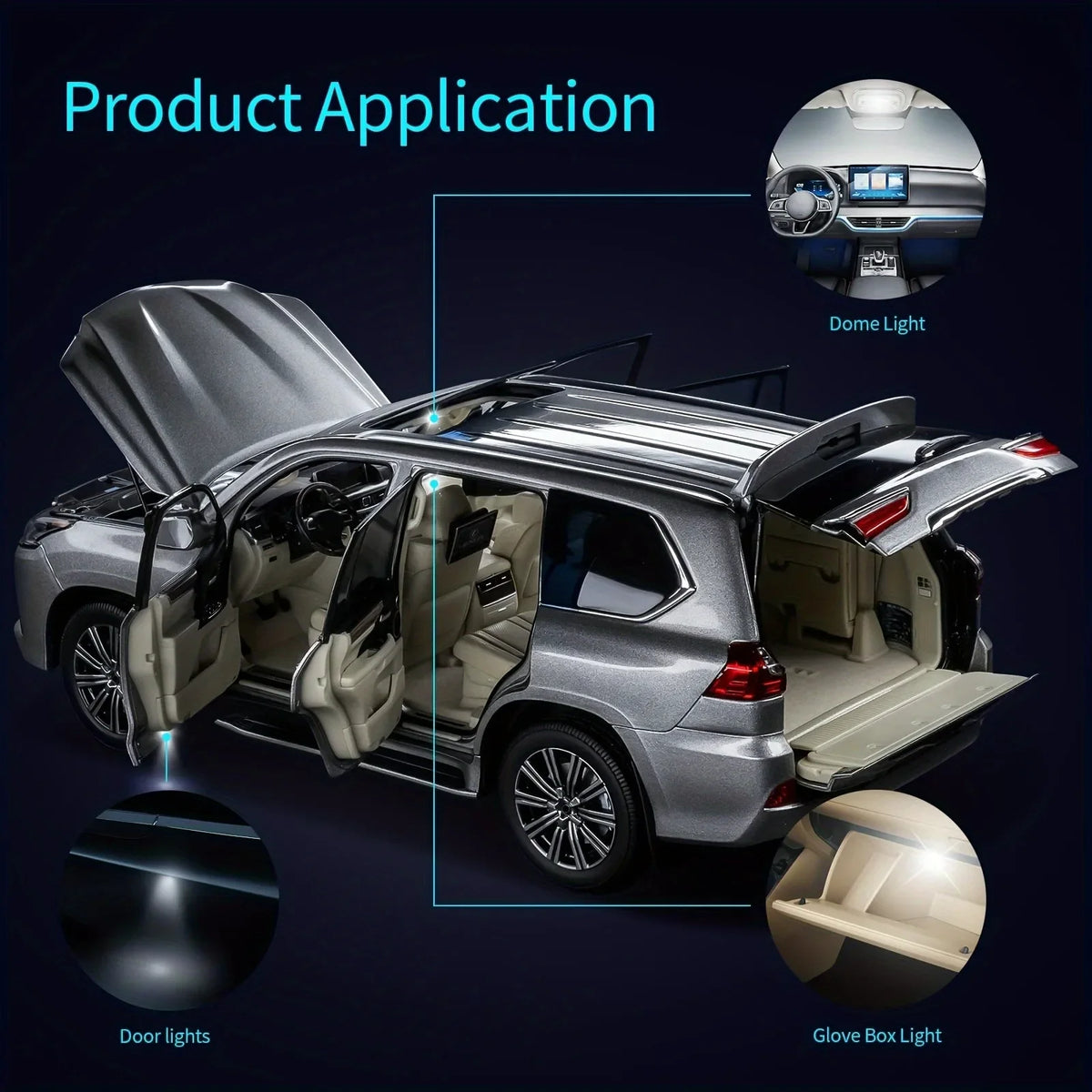 A silver SUV shows various product applications including dome light, door lights, and glove box light.