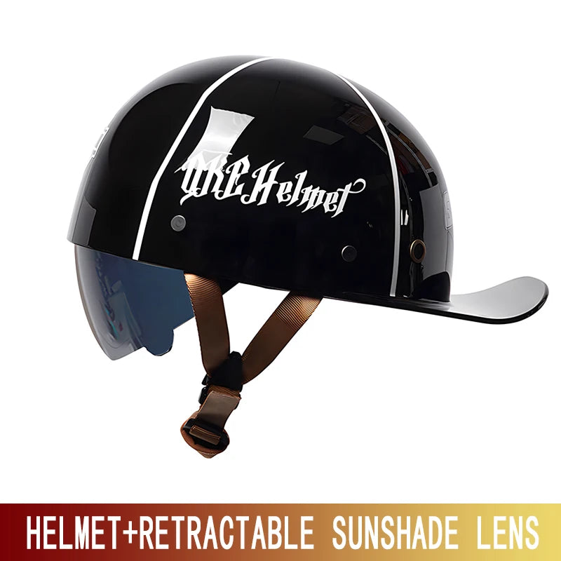 Black retro half helmet with a retractable sunglass lens attached and brown strap
