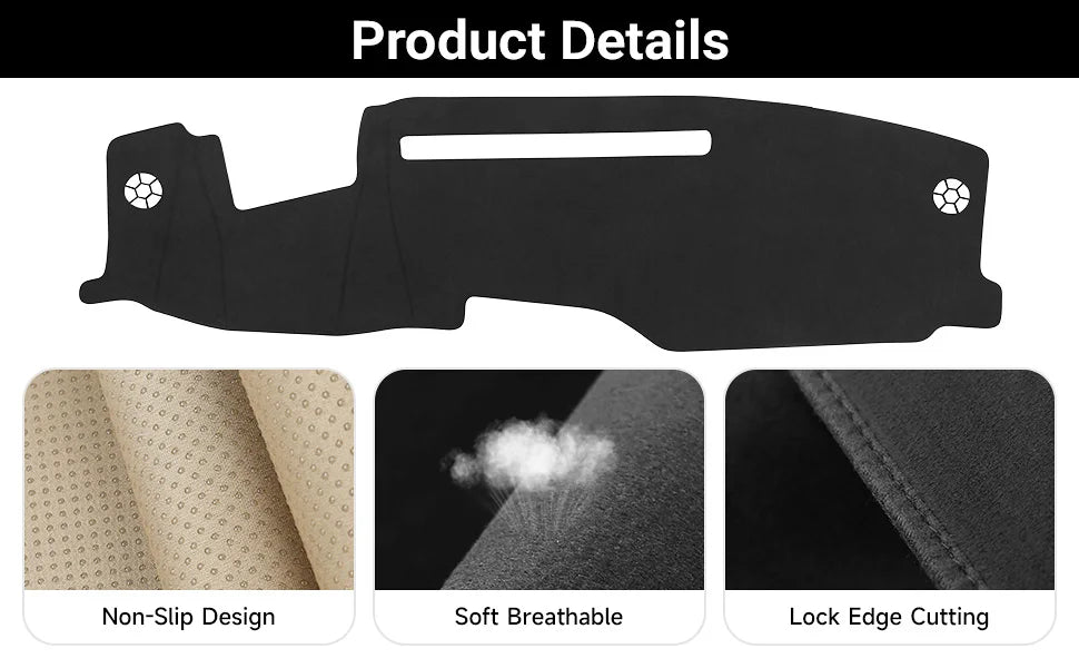 Black universal dash cover for Chevy Silverado and GMC Sierra showing non-slip, soft breathable, and lock edge cutting featur