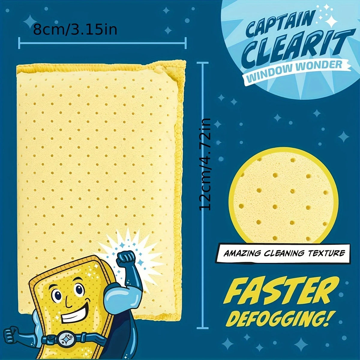 A yellow anti-fog glass and mirror cleaning sponge is shown next to a measuring ruler.