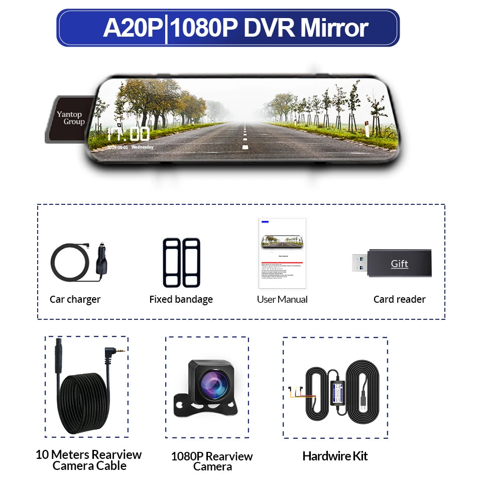 Produit DVR miroir double 1080P montrant des composants comme un chargeur de voiture, un pansement fixe, un manuel d'utilisat