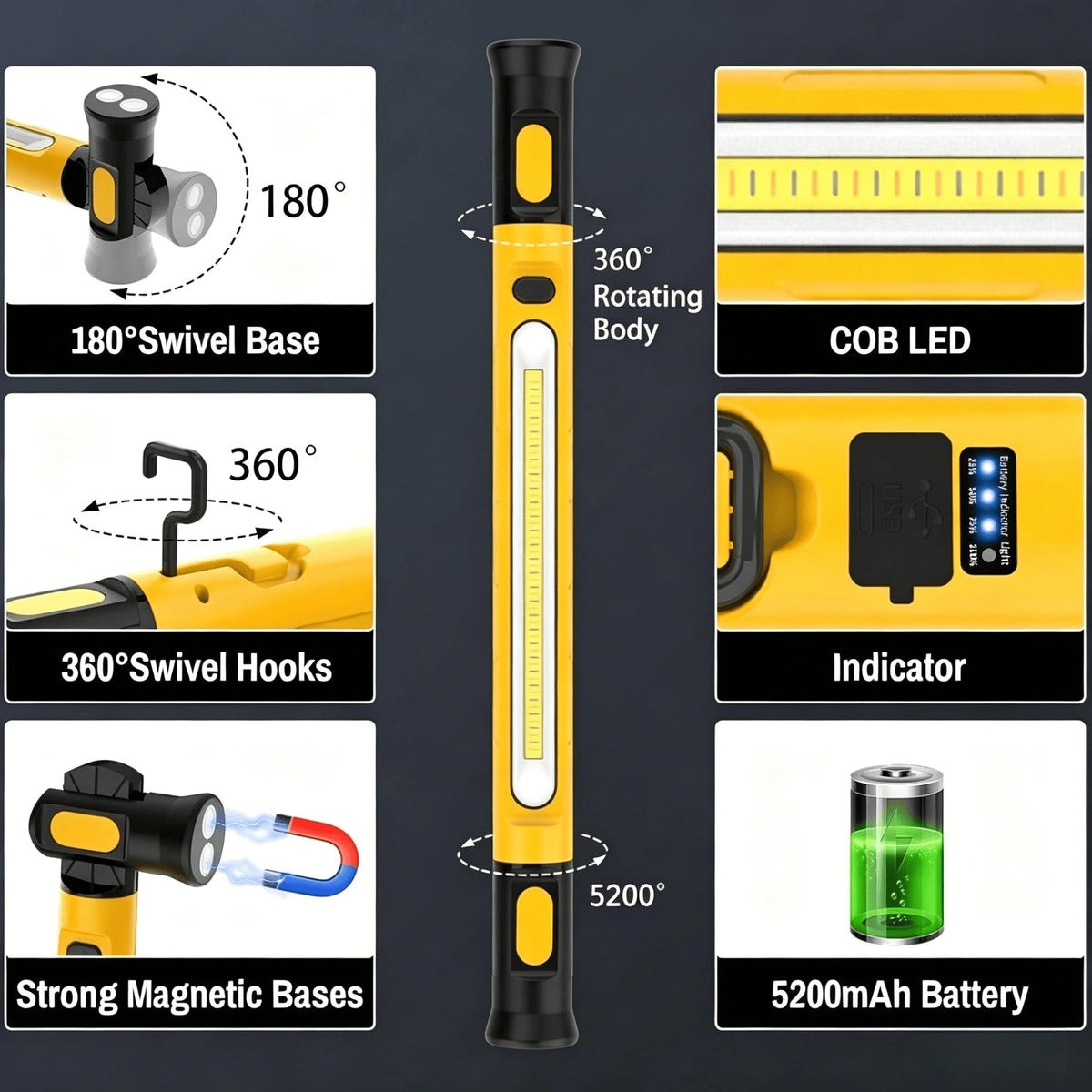 A yellow and black magnetic rechargeable work light featuring a rotating body, swivel hooks, and a 5200mAh battery.