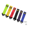 A collection of eight heavy-duty bumper tow hooks with colored ropes for vehicle recovery.