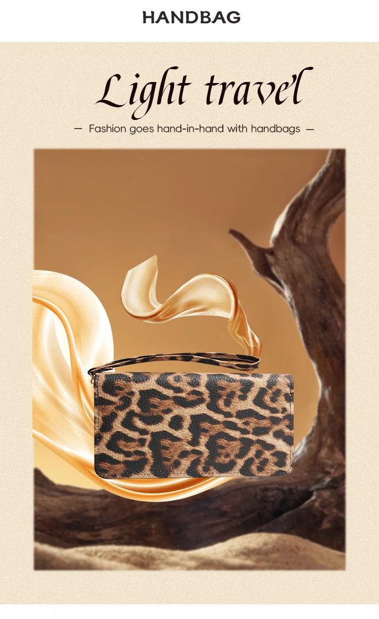 A close-up of a brown leopard print handbag resting on a textured background with flowing gold fabric.
