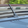 A close-up view of a carbon fiber radio antenna mounted on the roof of a silver car.