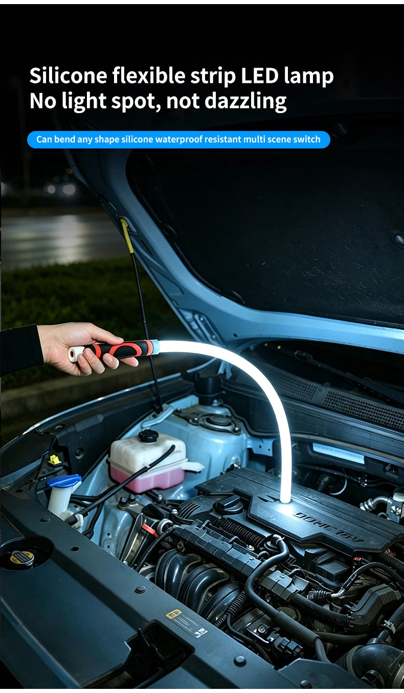 A hand holds a flexible silicone LED strip light inside a car engine bay.