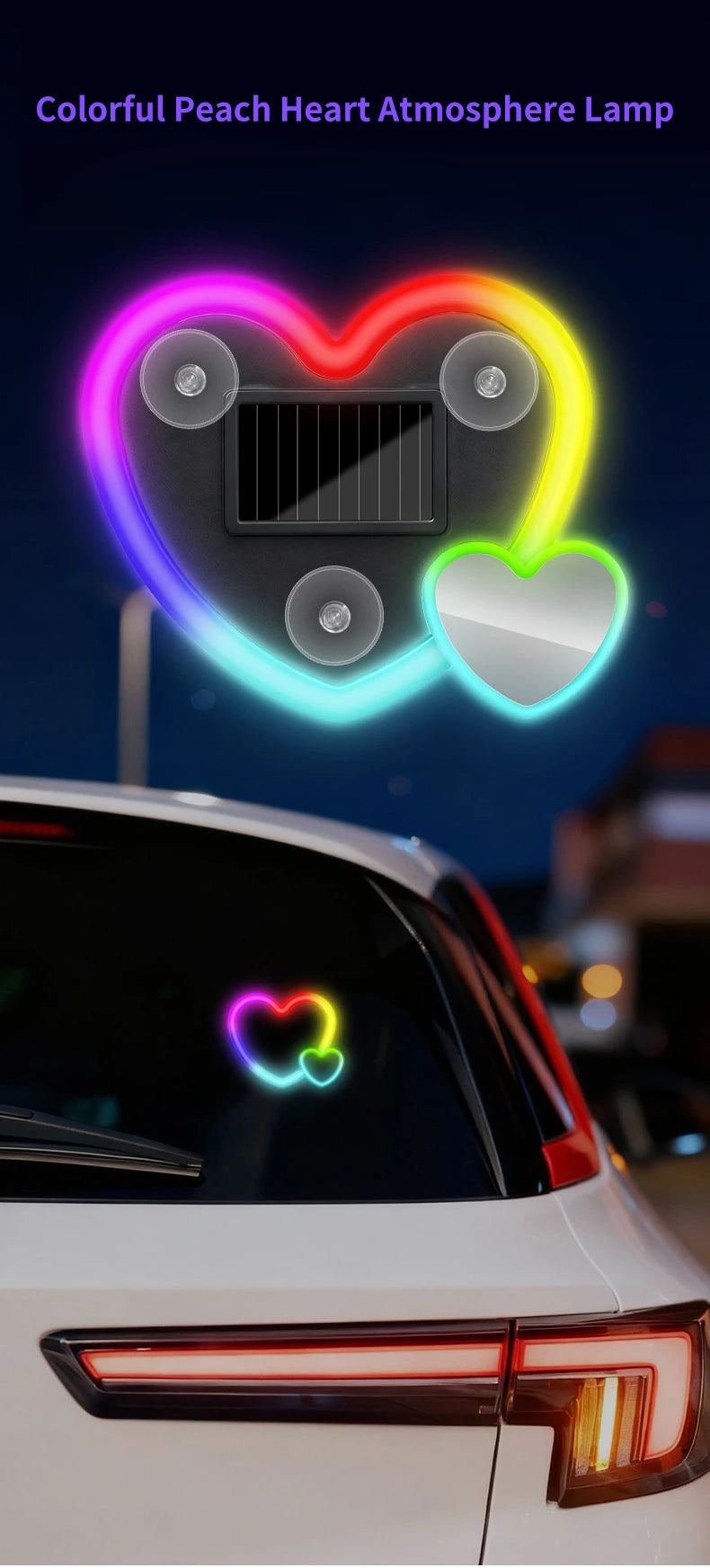 A colorful peach heart atmosphere lamp is shown glowing on a car, featuring neon lights and a solar panel design.