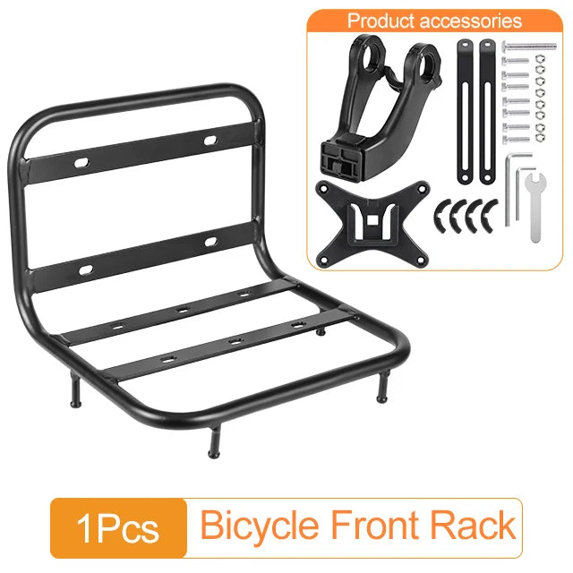 Black bicycle front rack with mounting accessories and tools