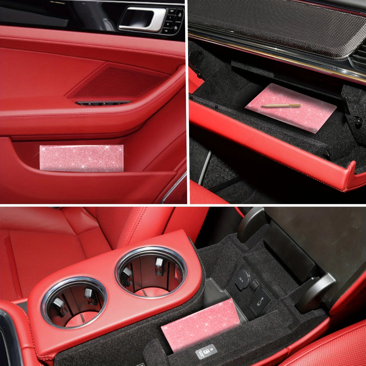 Close-up view of a red leather card holder wallet for ID and license inside a car interior