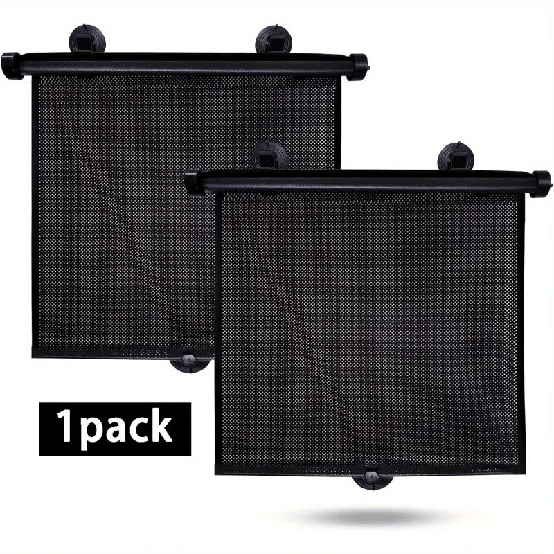 A black retractable car sunshade roller for UV protection shown in a single pack.