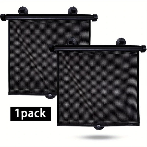 A black retractable car sunshade roller for UV protection shown in a single pack.