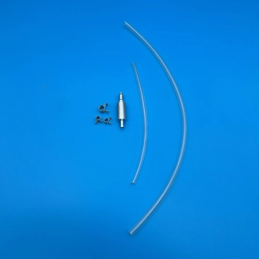 A clear silicone brake bleeder hose with a metal valve and two small fittings is shown against a blue background.